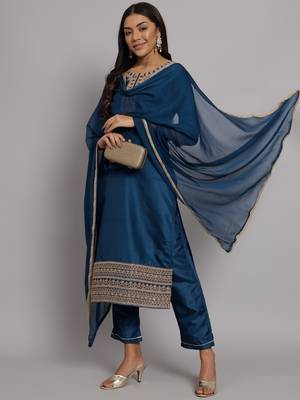   women kurta and trousers pant set silk blend 1