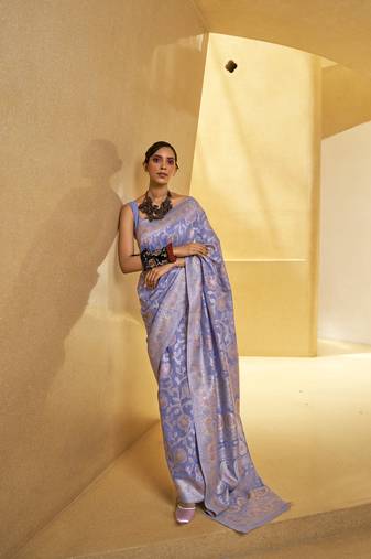 Kimisha women's lavender linen woven saree with unstitched blouse piece