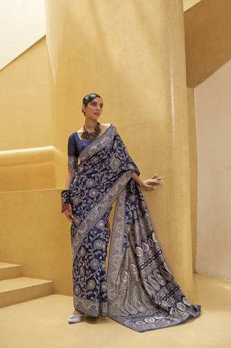 Kimisha women's navy blue linen woven saree with unstitched blouse piece