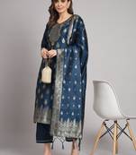   women kurta and trousers pant set heavy zari wok silk blend