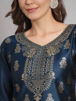   women kurta and trousers pant set heavy zari wok silk blend 3