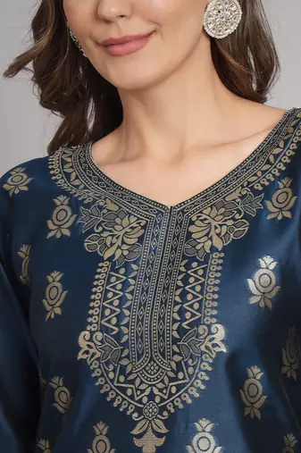   women kurta and trousers pant set heavy zari wok silk blend