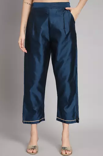   women kurta and trousers pant set heavy zari wok silk blend