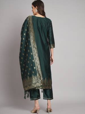   women kurta and trousers pant set heavy zari wok silk blend 2
