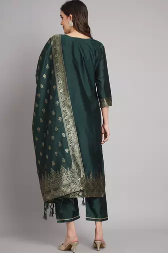   women kurta and trousers pant set heavy zari wok silk blend