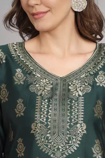   women kurta and trousers pant set heavy zari wok silk blend