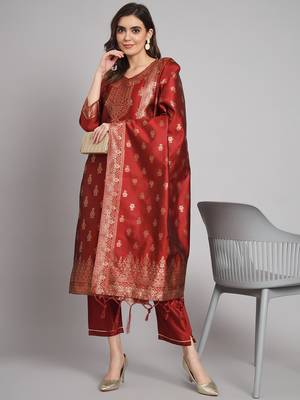   women kurta and trousers pant set heavy zari wok silk blend 1