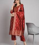   women kurta and trousers pant set heavy zari wok silk blend