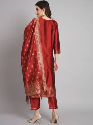   women kurta and trousers pant set heavy zari wok silk blend 2