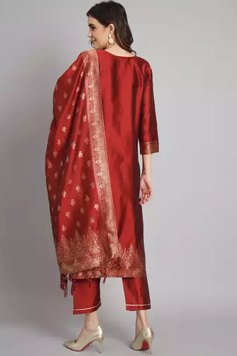   women kurta and trousers pant set heavy zari wok silk blend