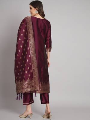   women kurta and trousers pant set heavy zari wok silk blend 2