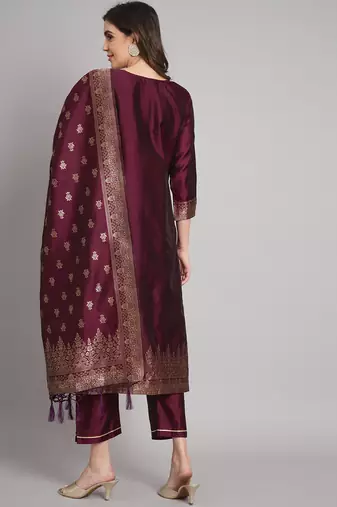   women kurta and trousers pant set heavy zari wok silk blend