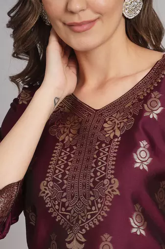   women kurta and trousers pant set heavy zari wok silk blend