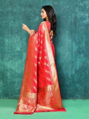 Elora silk blend banarasi woven designer saree for women (pink) 2