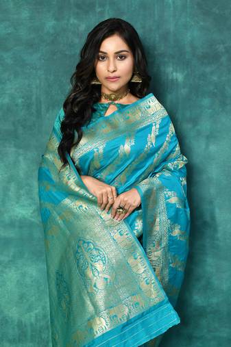 Elora silk blend banarasi woven designer saree for women (sky blue)