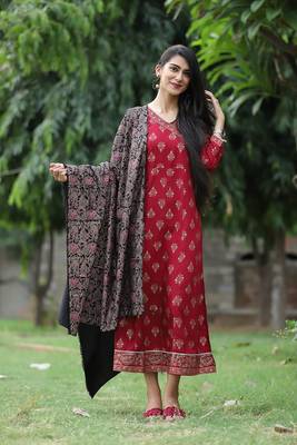 Womens Rayon Printed Ethnic Marron Flared Anarkali Kurti With Floral Botanical Printed Dupatta Set 1