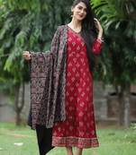 Womens Rayon Printed Ethnic Marron Flared Anarkali Kurti With Floral Botanical Printed Dupatta Set