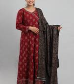 Women's Ethnic Festive Wear Maroon Flared Designer Anarkali/Angrakha Kurti With Floral Design Woven Printed Dupatta Set