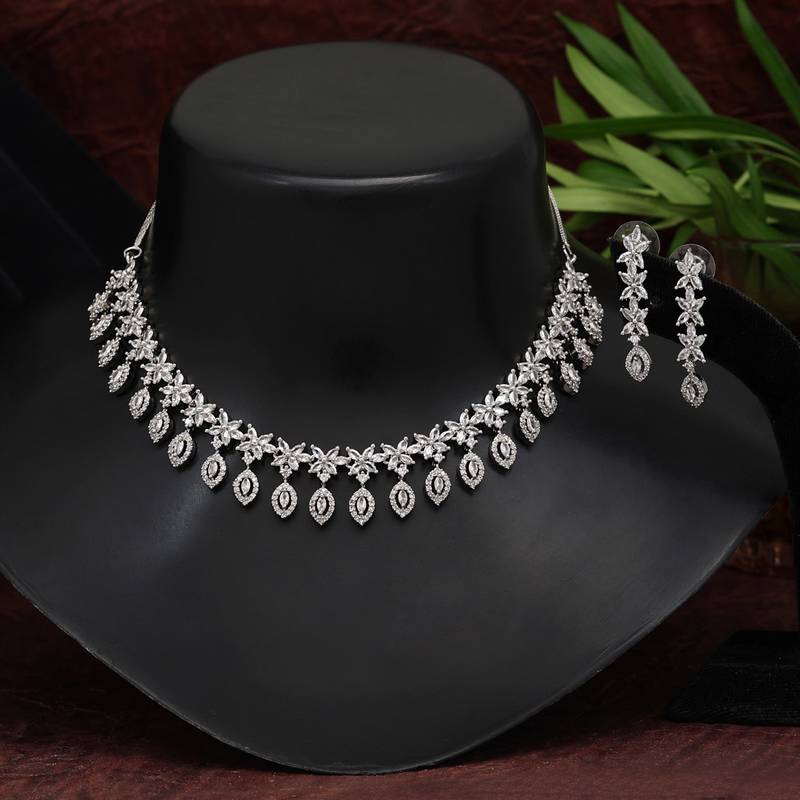 Silver color american diamond premium necklace set
