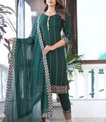Women's Rayon Printed Green Ethnic Festive Wear A-Line Embroidered Kurti With Pant & Embroidered Lace Dupatta Set