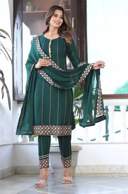 Women's Rayon Printed Green Ethnic Festive Wear A-Line Embroidered Kurti With Pant & Embroidered Lace Dupatta Set 4