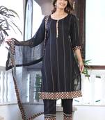 Women's Rayon Printed Black Ethnic Wear A-Line Embroidered Kurti With Embroidered Pant & Embroidered Lace Dupatta Set