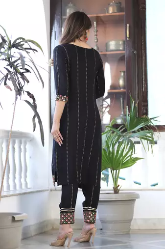 Women's Rayon Printed Black Ethnic Wear A-Line Embroidered Kurti With Embroidered Pant & Embroidered Lace Dupatta Set