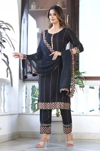 Women's Rayon Printed Black Ethnic Wear A-Line Embroidered Kurti With Embroidered Pant & Embroidered Lace Dupatta Set