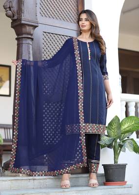 Women Rayon Printed Navy Blue Ethnic Wear A-Line Embroidered Kurti With Embroidered Pant & Embroidered Lace Dupatta Set 1