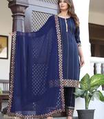 Women Rayon Printed Navy Blue Ethnic Wear A-Line Embroidered Kurti With Embroidered Pant & Embroidered Lace Dupatta Set