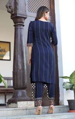 Women Rayon Printed Navy Blue Ethnic Wear A-Line Embroidered Kurti With Embroidered Pant & Embroidered Lace Dupatta Set 2