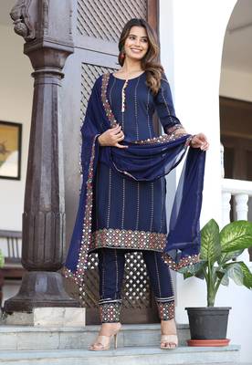 Women Rayon Printed Navy Blue Ethnic Wear A-Line Embroidered Kurti With Embroidered Pant & Embroidered Lace Dupatta Set 3