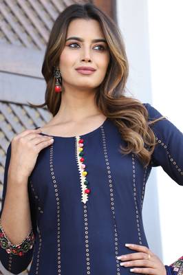 Women Rayon Printed Navy Blue Ethnic Wear A-Line Embroidered Kurti With Embroidered Pant & Embroidered Lace Dupatta Set 4
