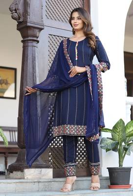Women Rayon Printed Navy Blue Ethnic Wear A-Line Embroidered Kurti With Embroidered Pant & Embroidered Lace Dupatta Set 5