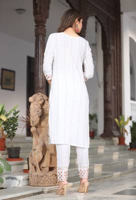 Women Rayon Printed Moon White Ethnic Wear A-Line Embroidered Kurti With Embroidered Pant & Embroidered Lace Dupatta Set 2