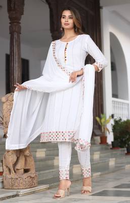 Women Rayon Printed Moon White Ethnic Wear A-Line Embroidered Kurti With Embroidered Pant & Embroidered Lace Dupatta Set 3