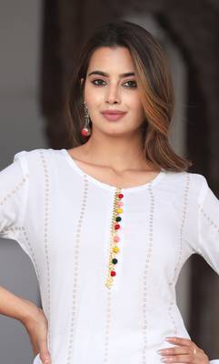 Women Rayon Printed Moon White Ethnic Wear A-Line Embroidered Kurti With Embroidered Pant & Embroidered Lace Dupatta Set 4