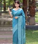 Turquoise woven border handloom raw silk traditional saree with blouse