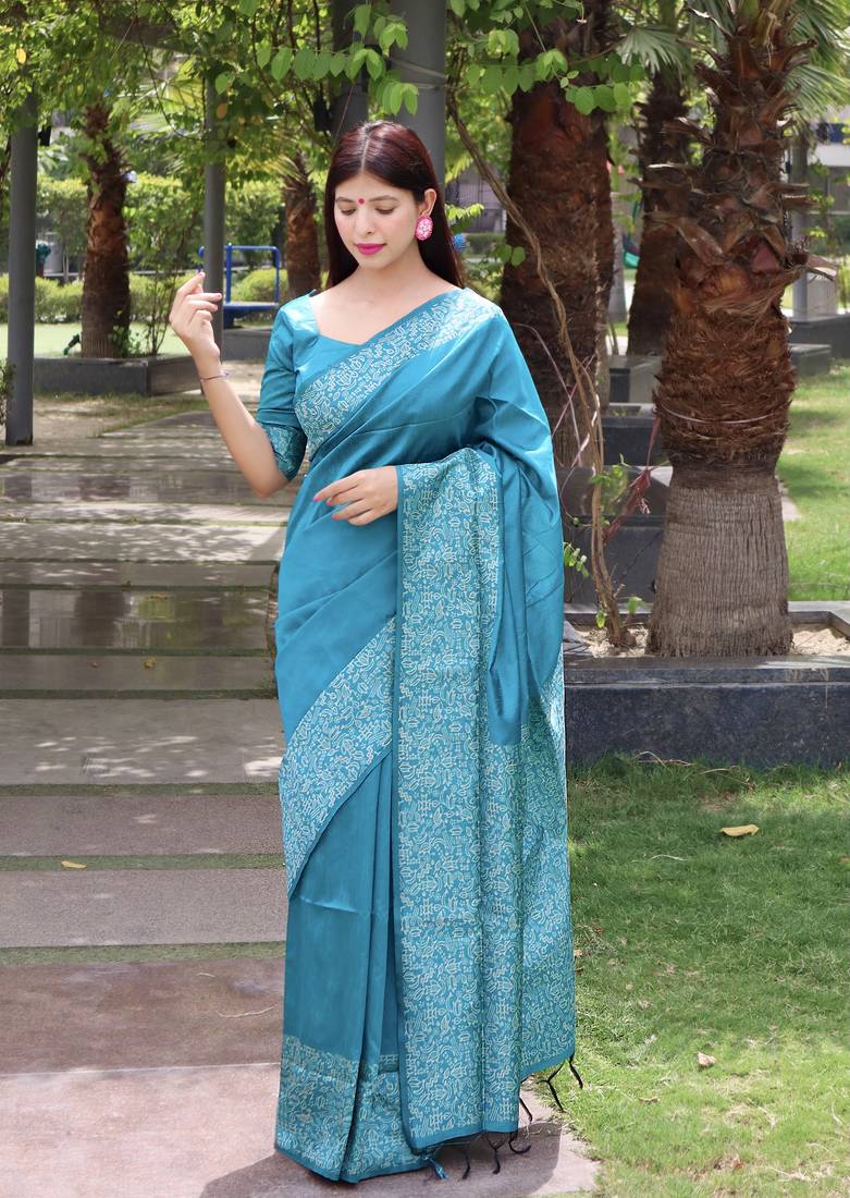 Turquoise woven border handloom raw silk traditional saree with blouse