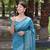 Turquoise woven border handloom raw silk traditional saree with blouse