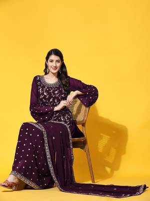 Purple embroidered with embellished georgette sharara suit 1