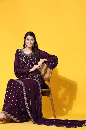 Purple embroidered with embellished georgette sharara suit