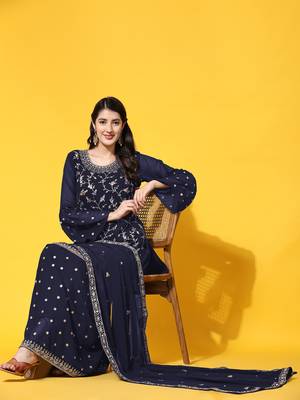 Navy blue embroidered with embellished georgette sharara suit 1
