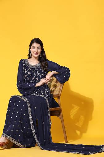 Navy blue embroidered with embellished georgette sharara suit