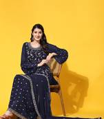 Navy blue embroidered with embellished georgette sharara suit
