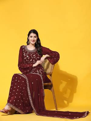Maroon embroidered with embellished georgette sharara suit 1