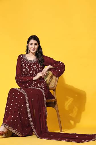 Maroon embroidered with embellished georgette sharara suit