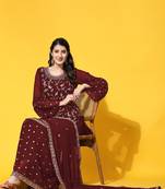Maroon embroidered with embellished georgette sharara suit