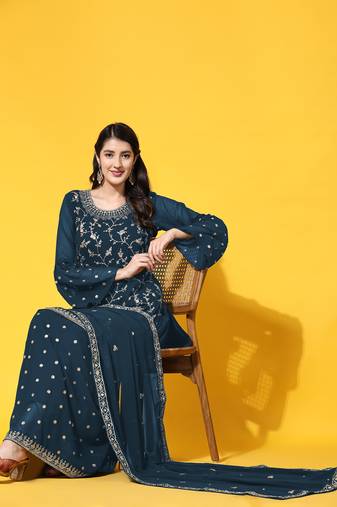 Sea blue embroidered with embellished georgette sharara suit