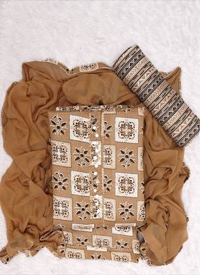 Chikoo Cotton Printed Unstitched Suit With Nazneen Dupatta 1